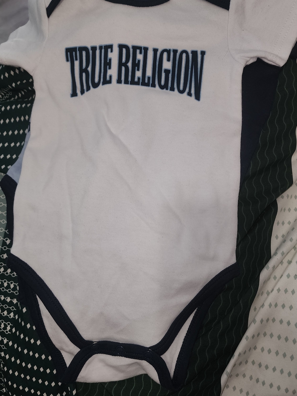 True Religion White and Navy Baby Bodysuit with Arch Logo 12/18 M New W/O Tags
